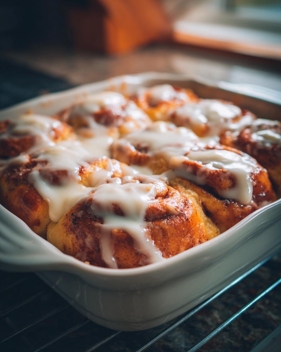 Close-up of freshly baked cinnamon rolls with heavy cream glaze sitting in a white baking dish.