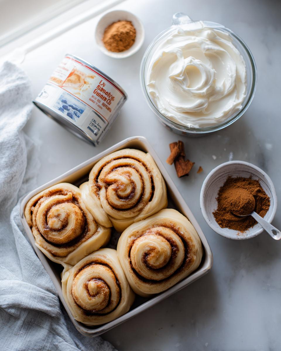Unbaked cinnamon rolls with heavy cream, condensed milk, and cinnamon powder ready for baking.
