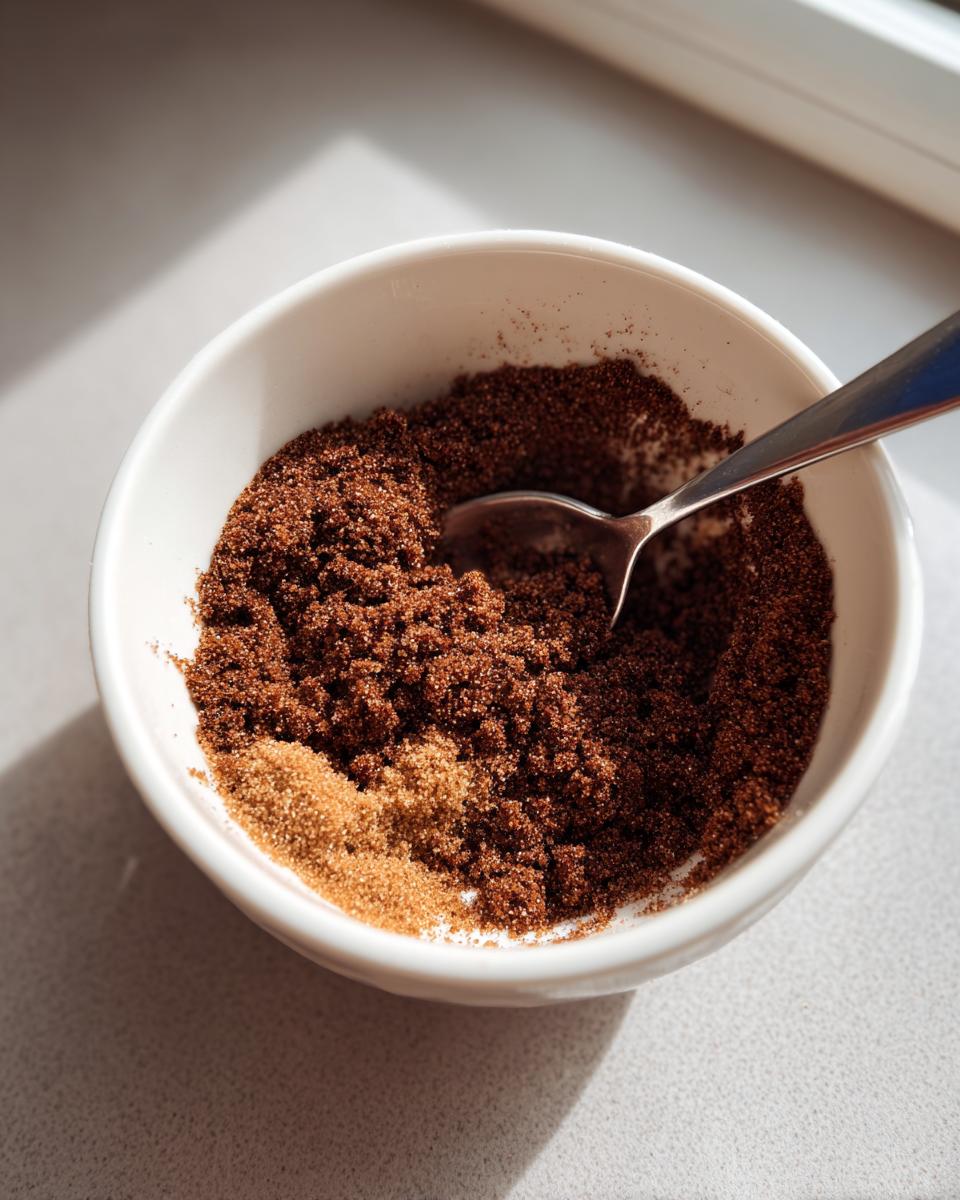 Close-up of brown sugar and cinnamon mixture in a white bowl for baked apples.