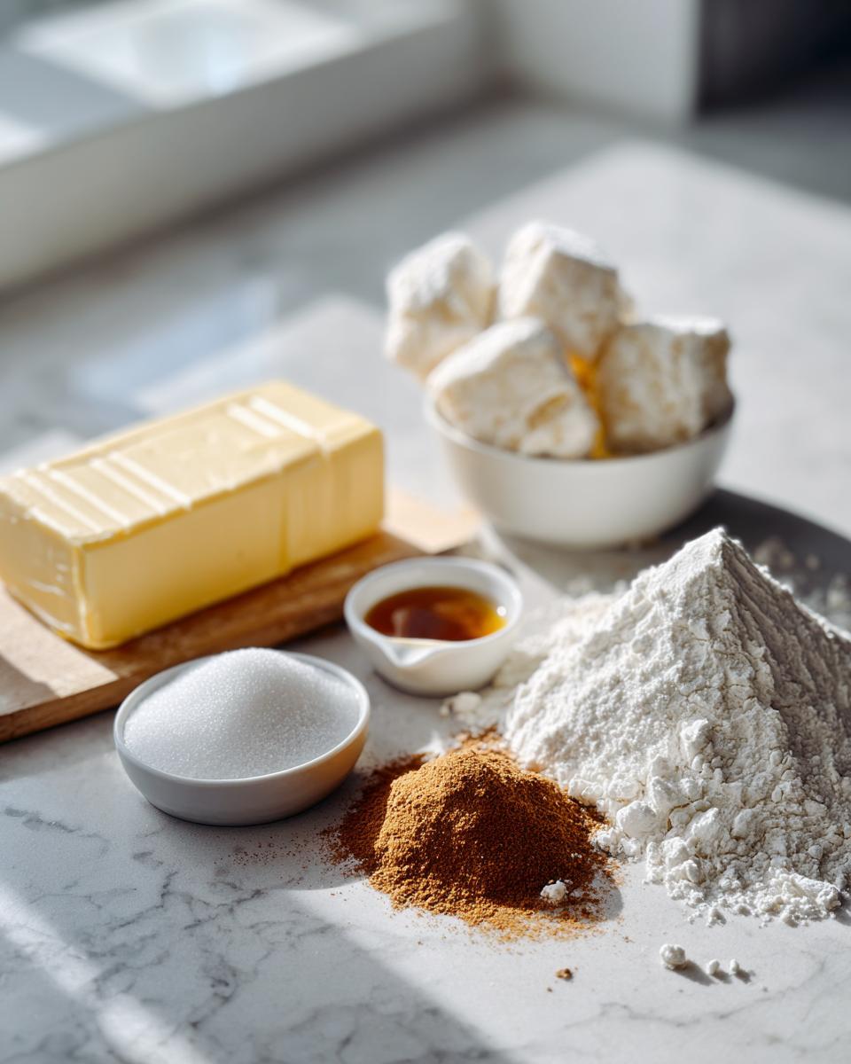 Ingredients laid out for cinnamon sugar snowball cookies, including flour, butter, sugar, cinnamon, and powdered sugar.