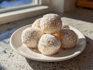 A stack of five homemade cinnamon sugar snowball cookies heavily coated in white sugar, served on a small white plate.