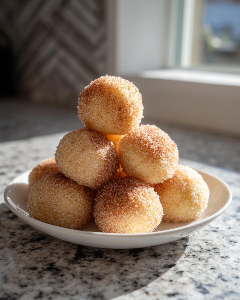 A small stack of freshly made cinnamon sugar snowball cookies coated in sparkling sugar on a white plate.