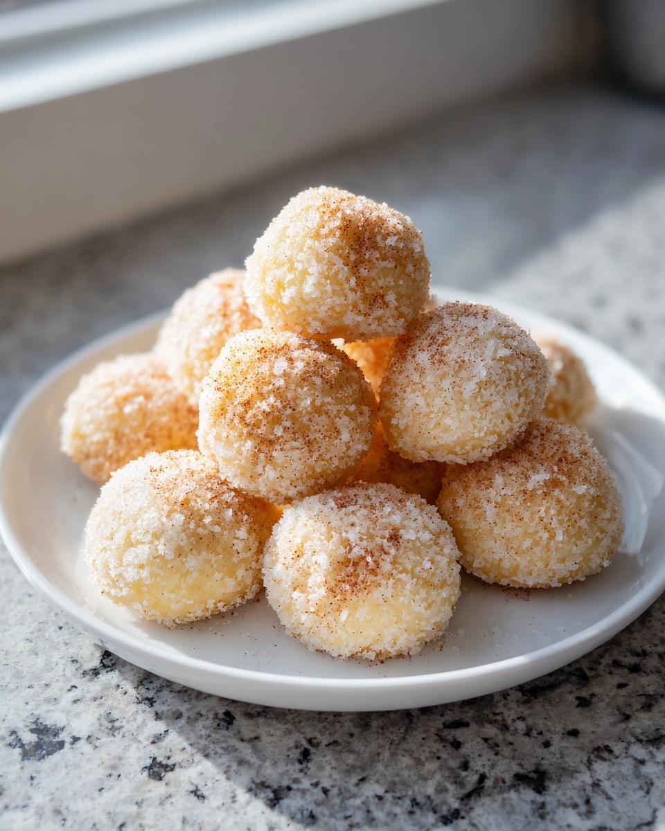 A pile of freshly made cinnamon sugar snowball cookies coated in sugar and dusted with cinnamon on a white plate.