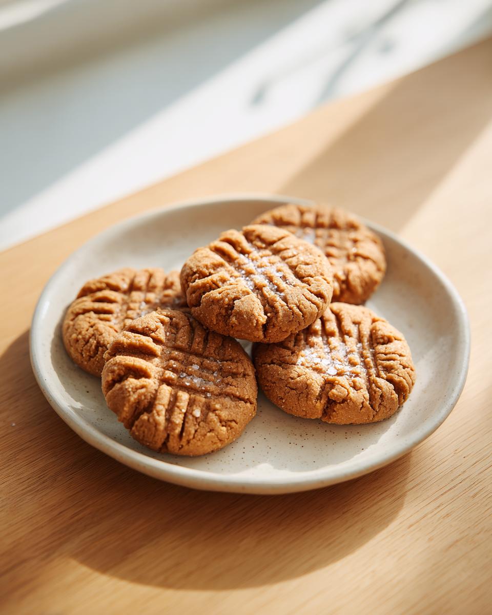 A plate of five classic peanut butter cookies, featuring fork cross-hatch marks and sprinkled with flaky sea salt.