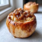 A close-up of a single, glistening baked apples dessert, filled with caramelized apple chunks and cinnamon topping.