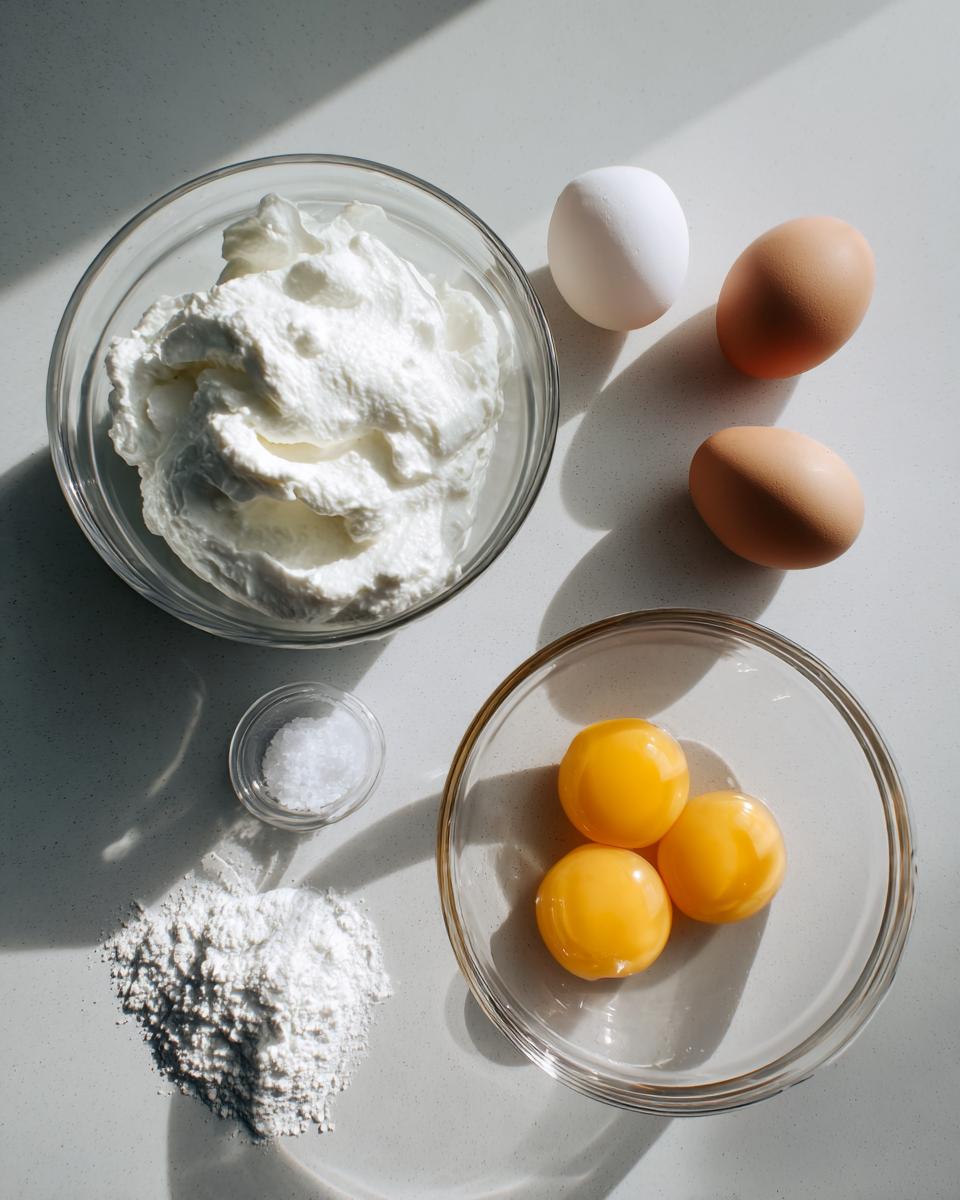 Overhead shot of ingredients for cloud bread: whipped cream cheese, egg yolks, whole eggs, flour, and salt.