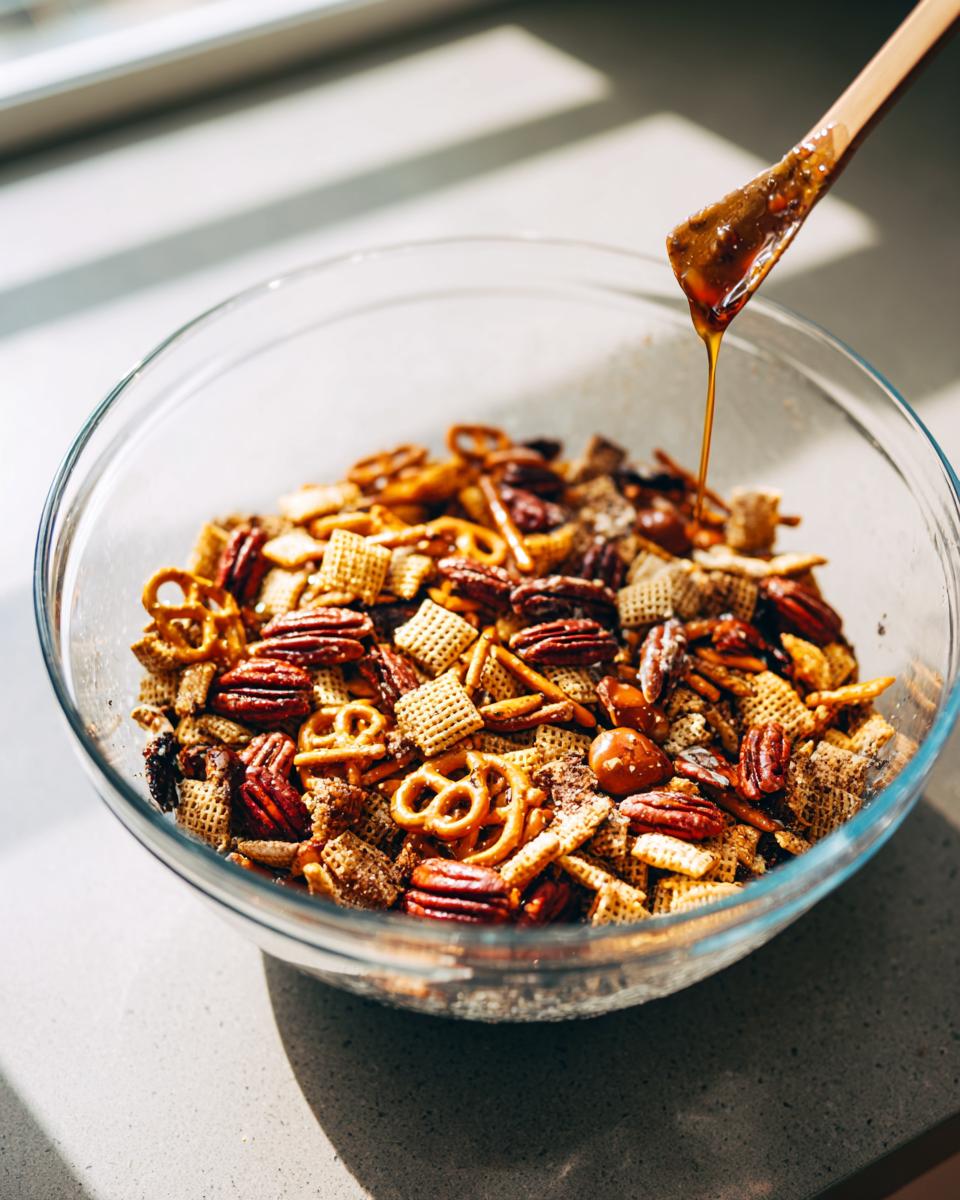 A wooden spoon drizzles a sticky glaze over a large glass bowl filled with Chex party mix, pecans, and pretzels.