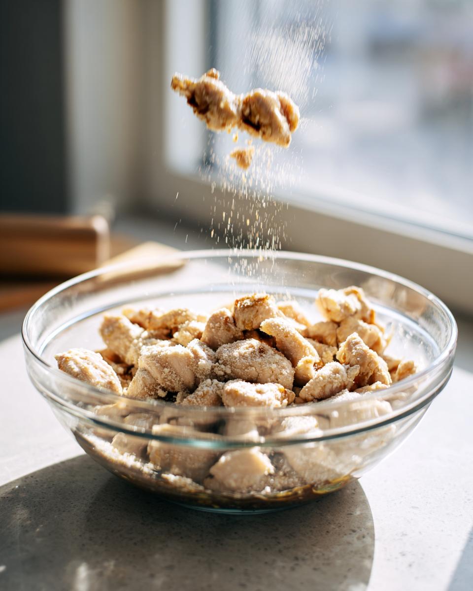 Bite-sized pieces of chicken being tossed in a light coating or seasoning in a clear glass bowl for chicken and broccoli.