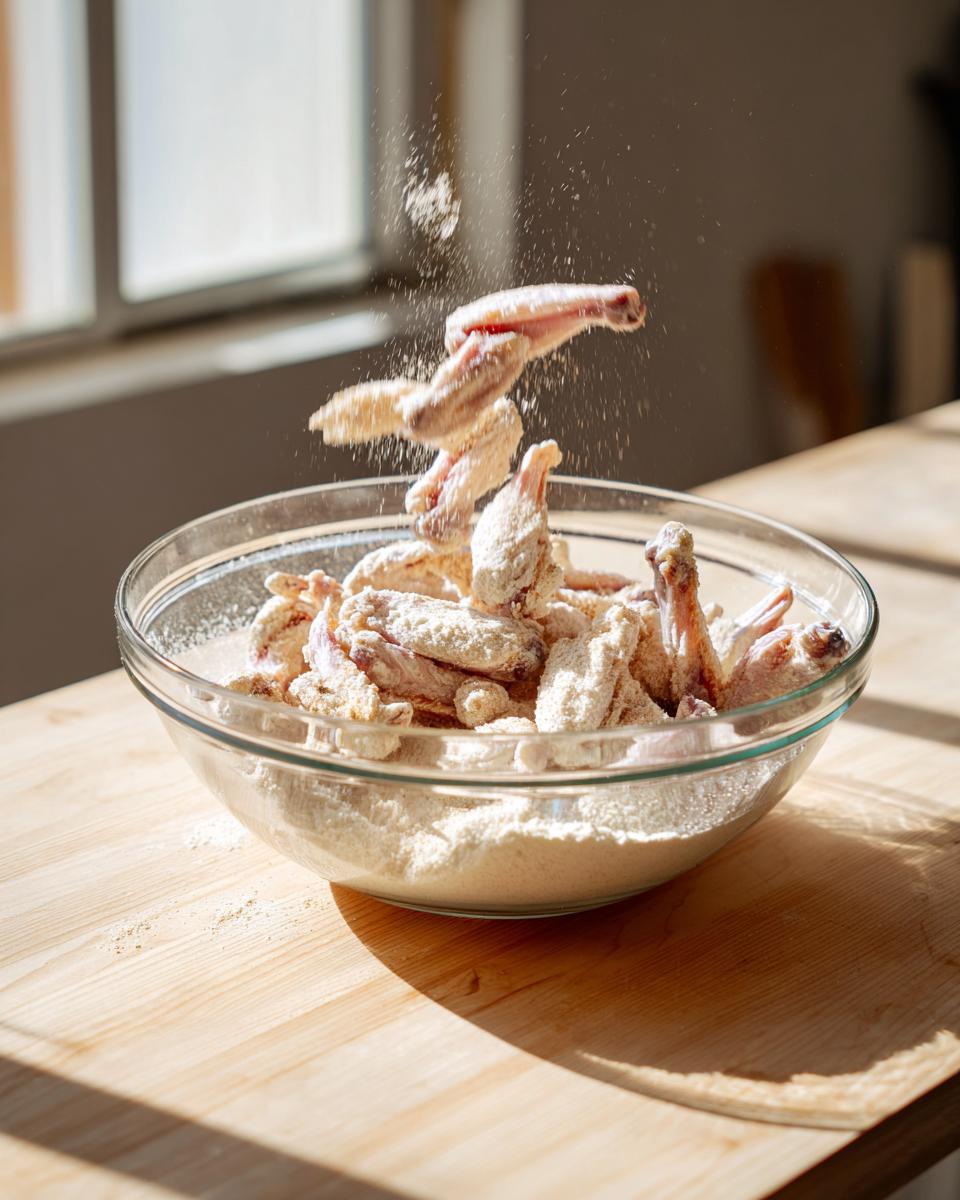 Raw chicken wings being tossed in flour mixture to prepare for crispy baked chicken wings.