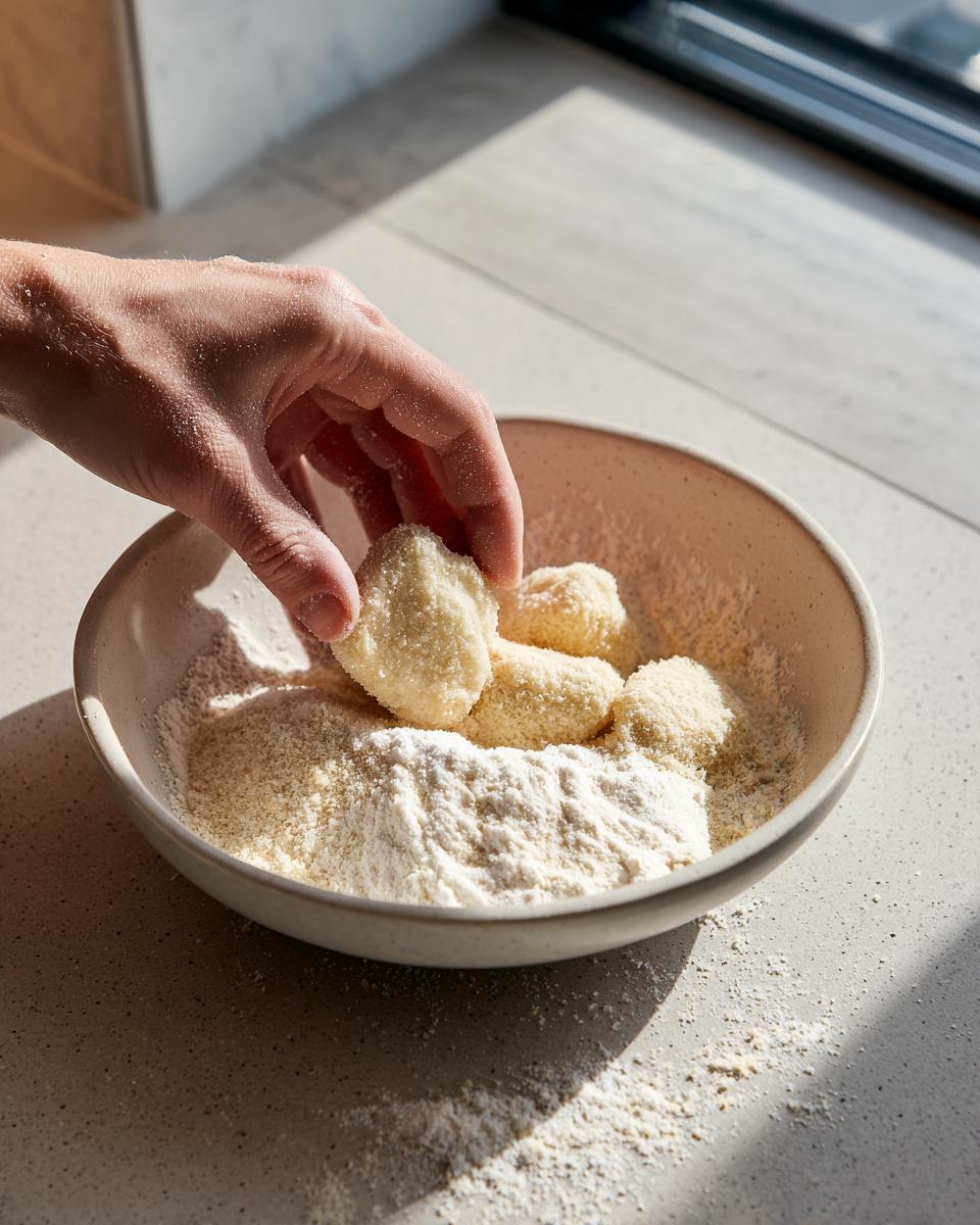 A hand dips a piece of raw homemade chicken nuggets into a bowl of flour and breading mix.