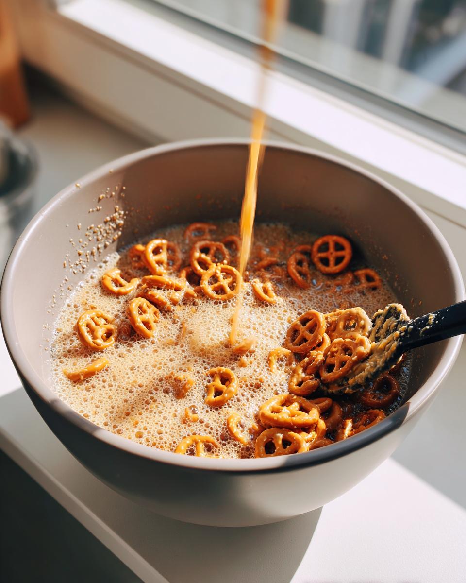 Pouring bubbly caramel mixture over mini pretzels in a bowl to make toffee pretzels.
