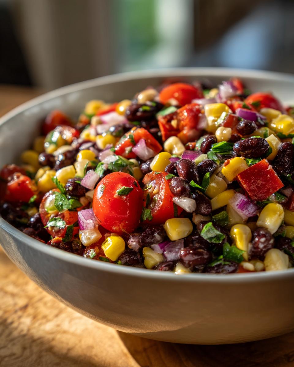Close-up of fresh cowboy caviar featuring black beans, corn, tomatoes, and red onion in a light bowl.