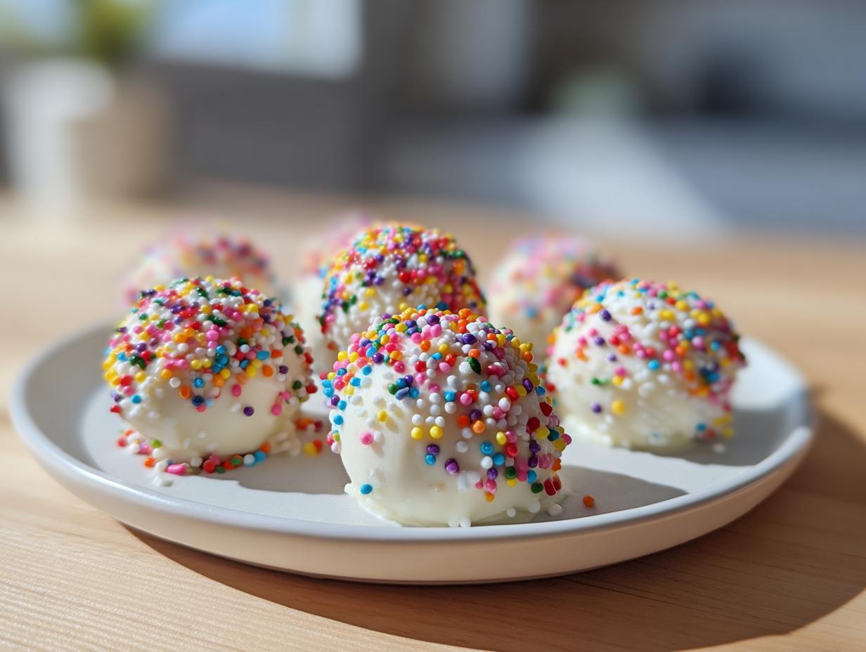 Close-up of several white chocolate coated sugar cookie truffles covered in rainbow sprinkles, sitting on a white plate.