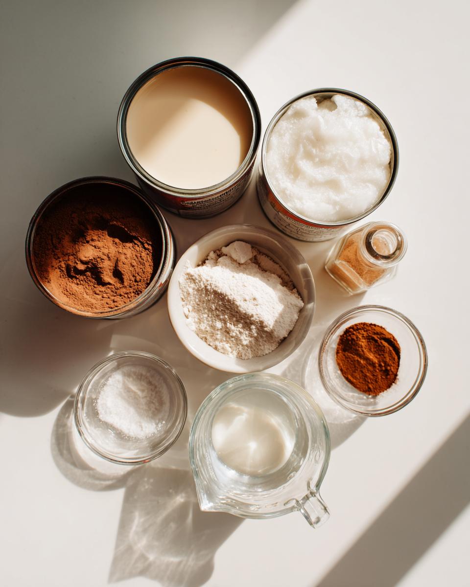 Overhead shot of ingredients for coquito, including cans of condensed milk, coconut cream, cocoa powder, and spices.