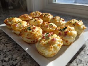 A platter of golden brown cottage cheese egg cups starbucks hack topped with ham and parsley.