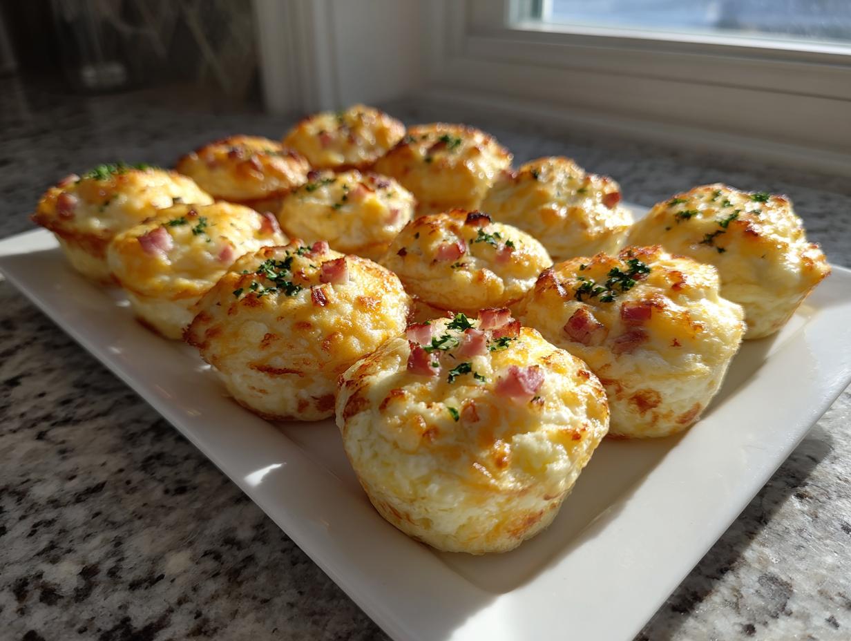 A platter of golden brown cottage cheese egg cups starbucks hack topped with ham and parsley.