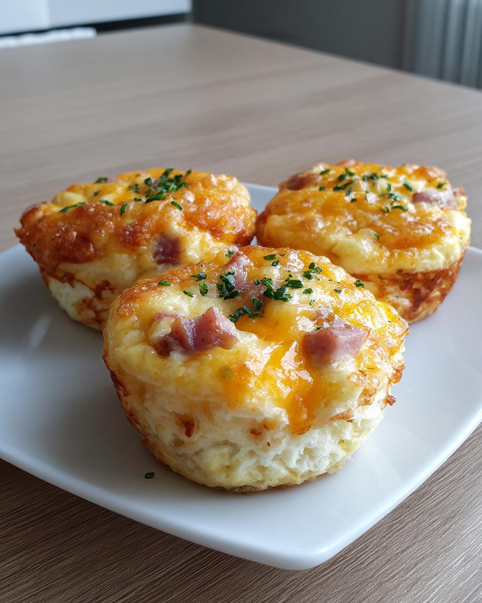 Three golden-brown cottage cheese egg cups starbucks hack style, topped with melted cheddar and chives, served on a white plate.