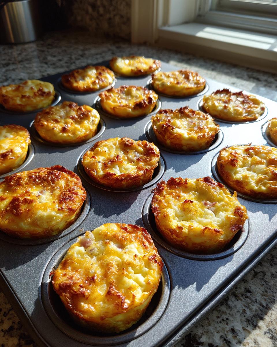 A batch of golden-brown cottage cheese egg cups starbucks hack baked in a dark muffin tin, sitting on a granite countertop.