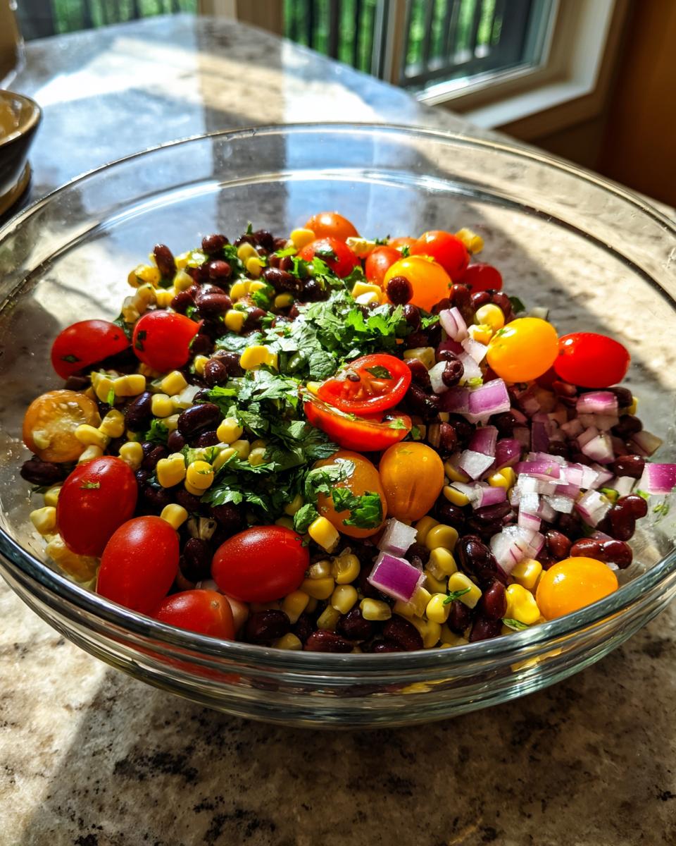 A clear glass bowl filled with colorful ingredients for cowboy caviar, including black beans, corn, cherry tomatoes, red onion, and cilantro.