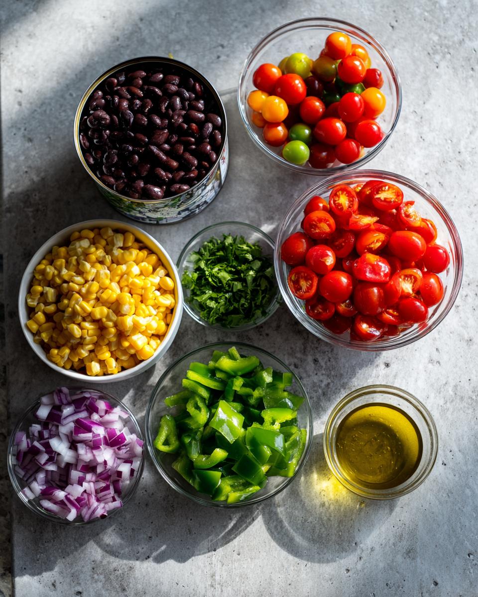 Overhead view of ingredients prepped for cowboy caviar, including black beans, corn, tomatoes, onions, peppers, and oil.