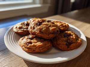 A stack of five freshly baked cream cheese chocolate chip cookies piled on a white plate, illuminated by sunlight.