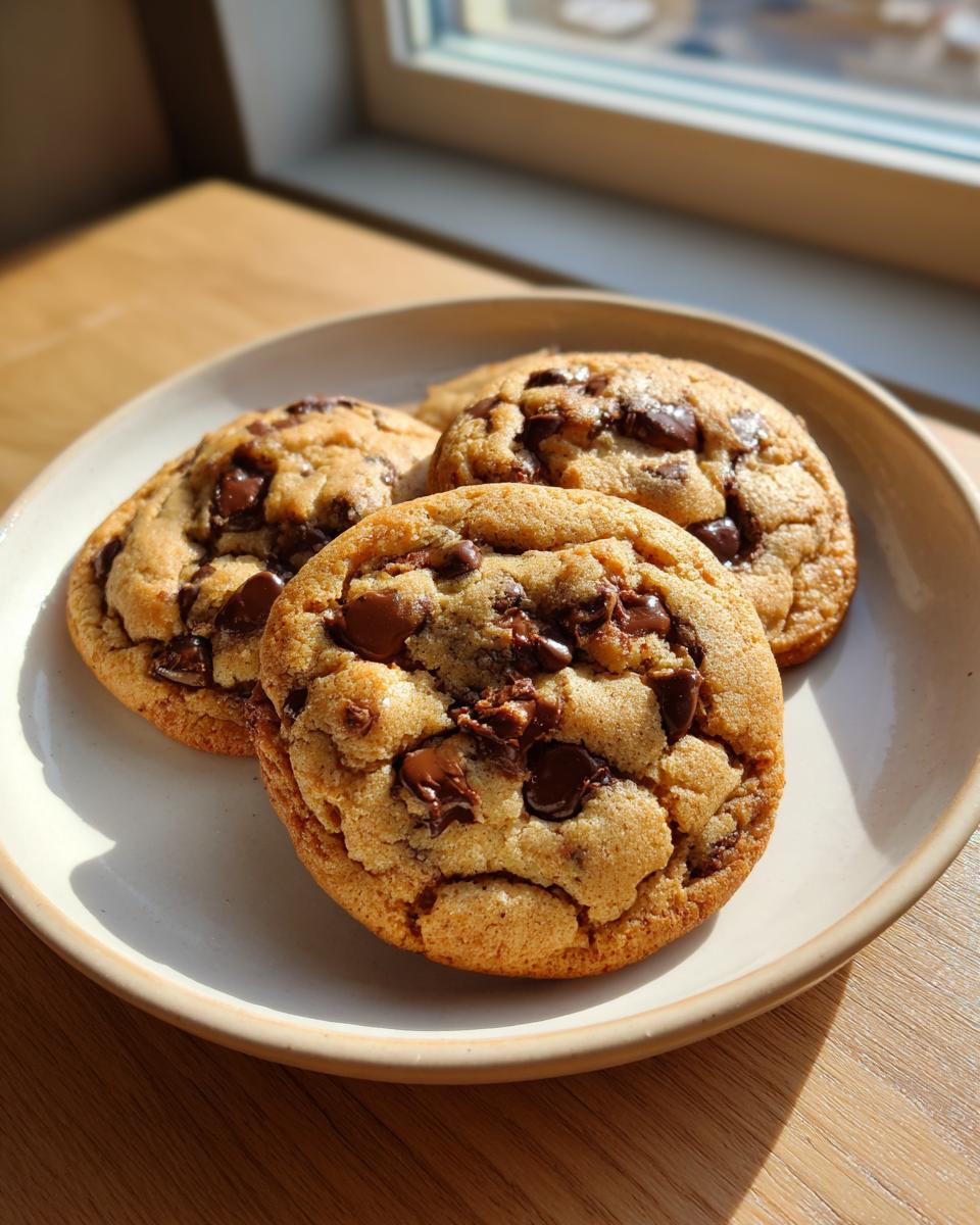 Three freshly baked cream cheese chocolate chip cookies piled on a light ceramic plate near a window.