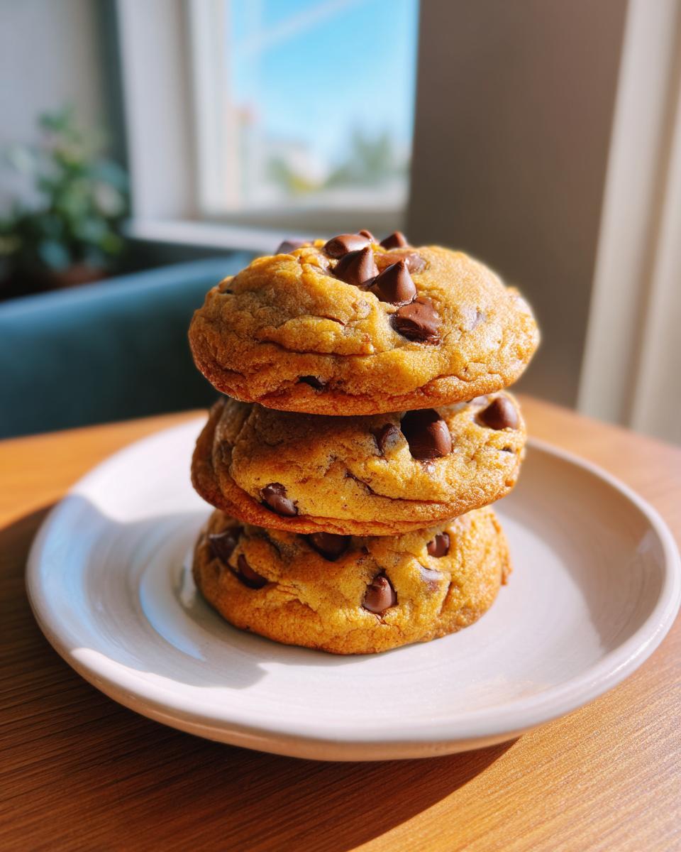 Three thick, golden cream cheese chocolate chip cookies stacked on a white plate.