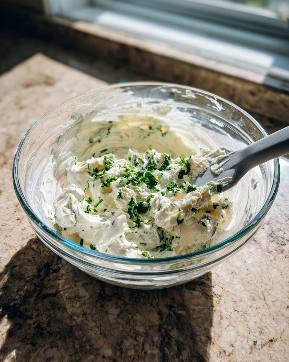 Mixing cream cheese filling with fresh herbs for the stuffed mushrooms recipe in a glass bowl.