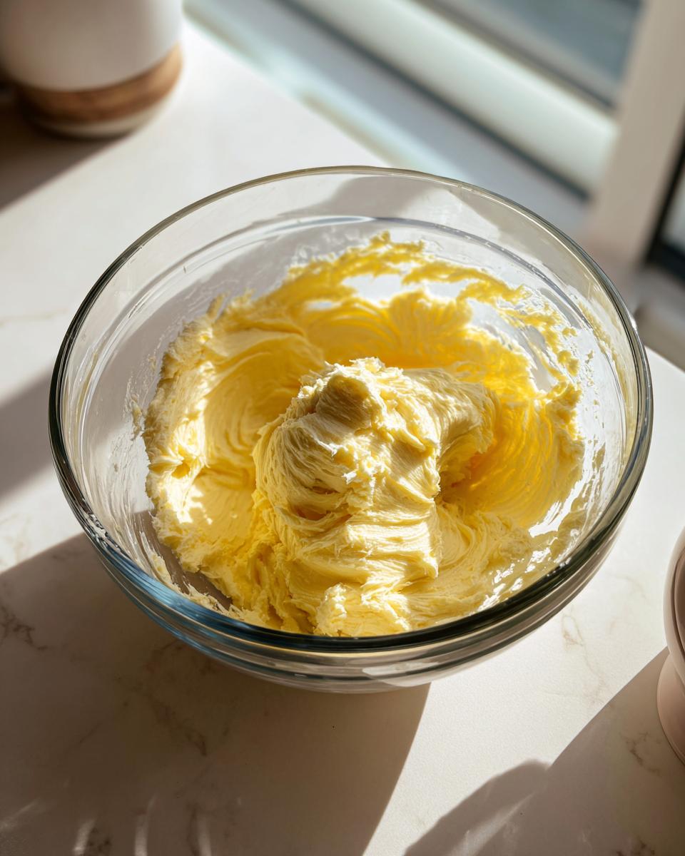 Glass bowl showing creamed butter and sugar mixture for making cream cheese chocolate chip cookies.