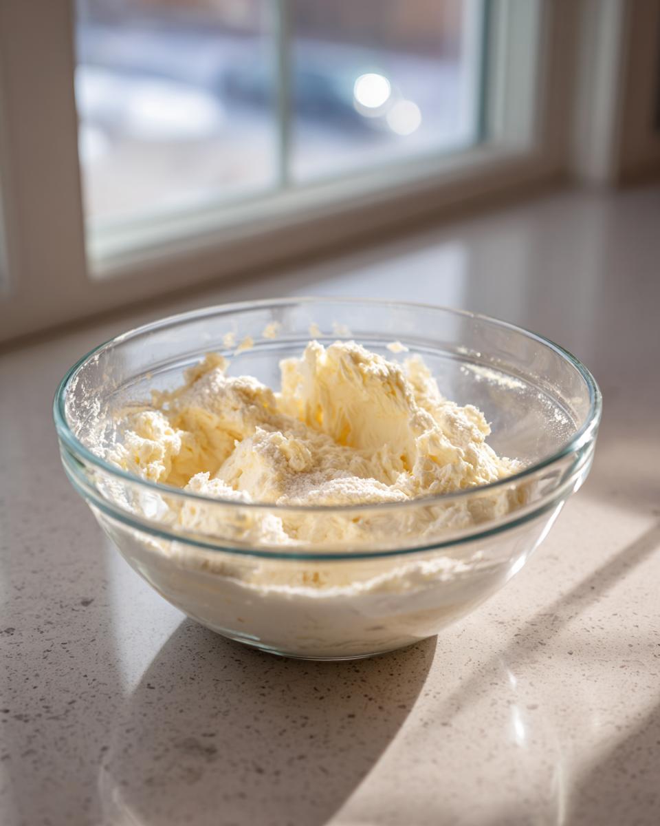 Glass bowl containing creamed butter and sugar mixture for making cinnamon sugar snowball cookies.
