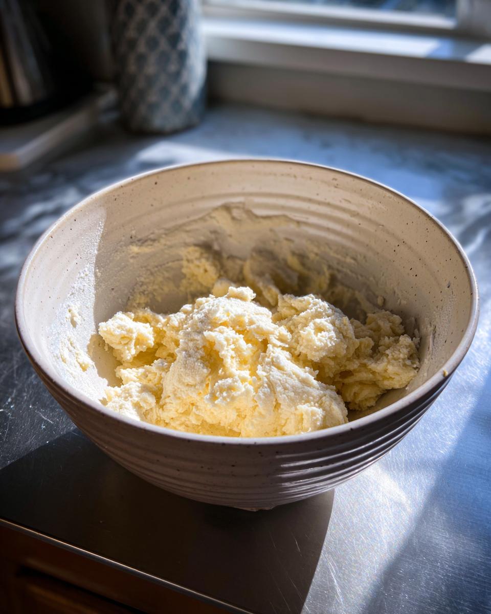 Close-up of creamed butter and sugar mixture in a bowl, the base for amazing 150-calorie sugar cookies.