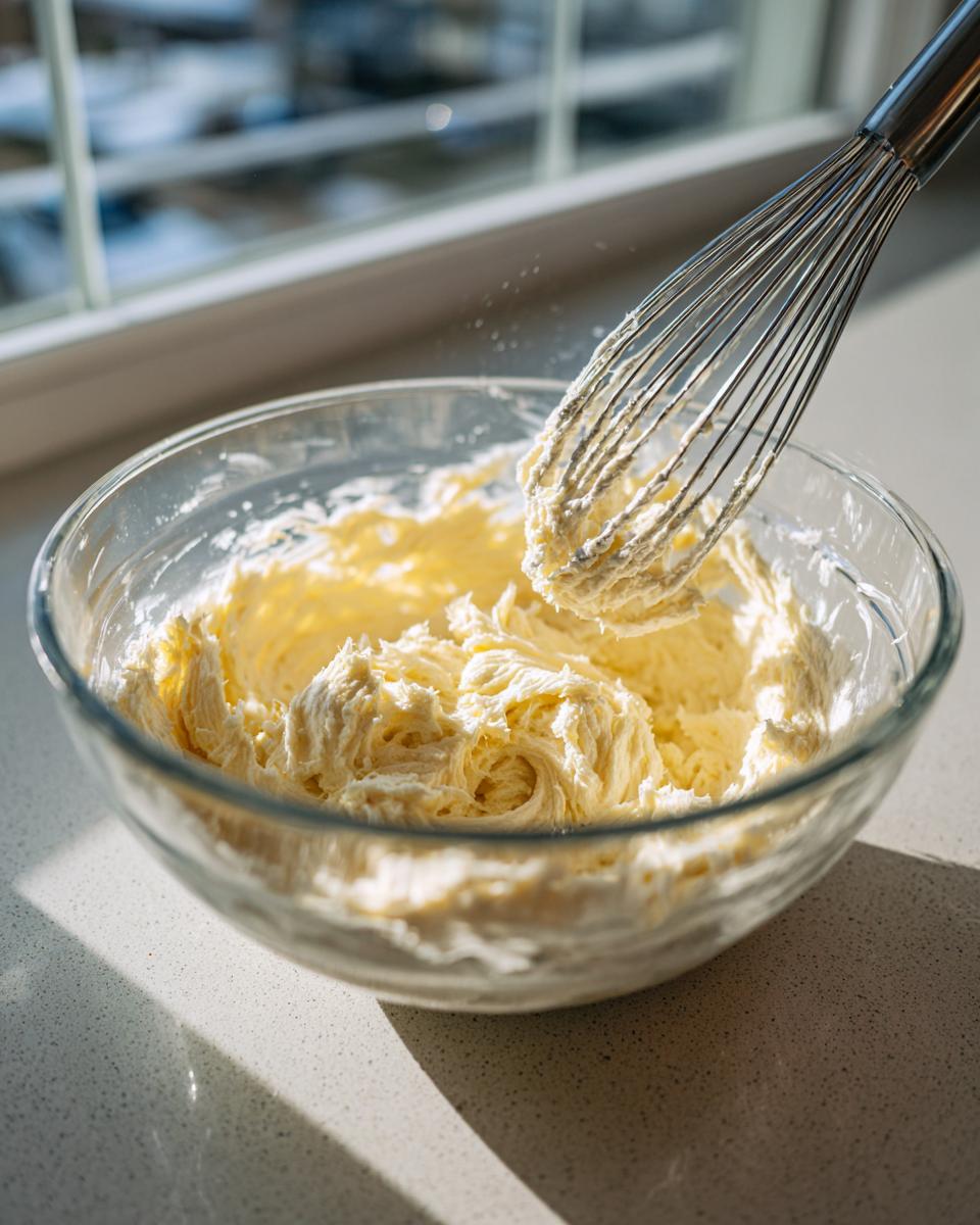 A wire whisk mixing light yellow, fluffy creamed butter in a clear glass bowl for date nut bread.