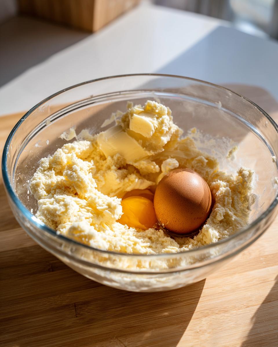 Mixing butter and eggs into the base for soft sugar cookies dough in a clear glass bowl.