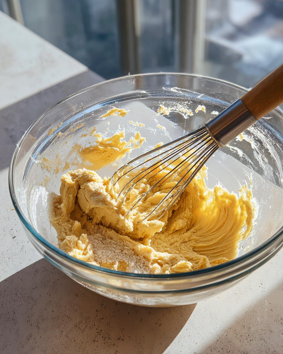 A glass bowl showing creamed butter and sugar mixture being whisked for homemade chocolate chip cookies.