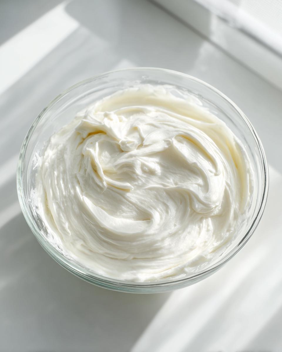 Close-up of creamy, white mixture, likely the base for sugar cookie truffles, swirled in a clear glass bowl.