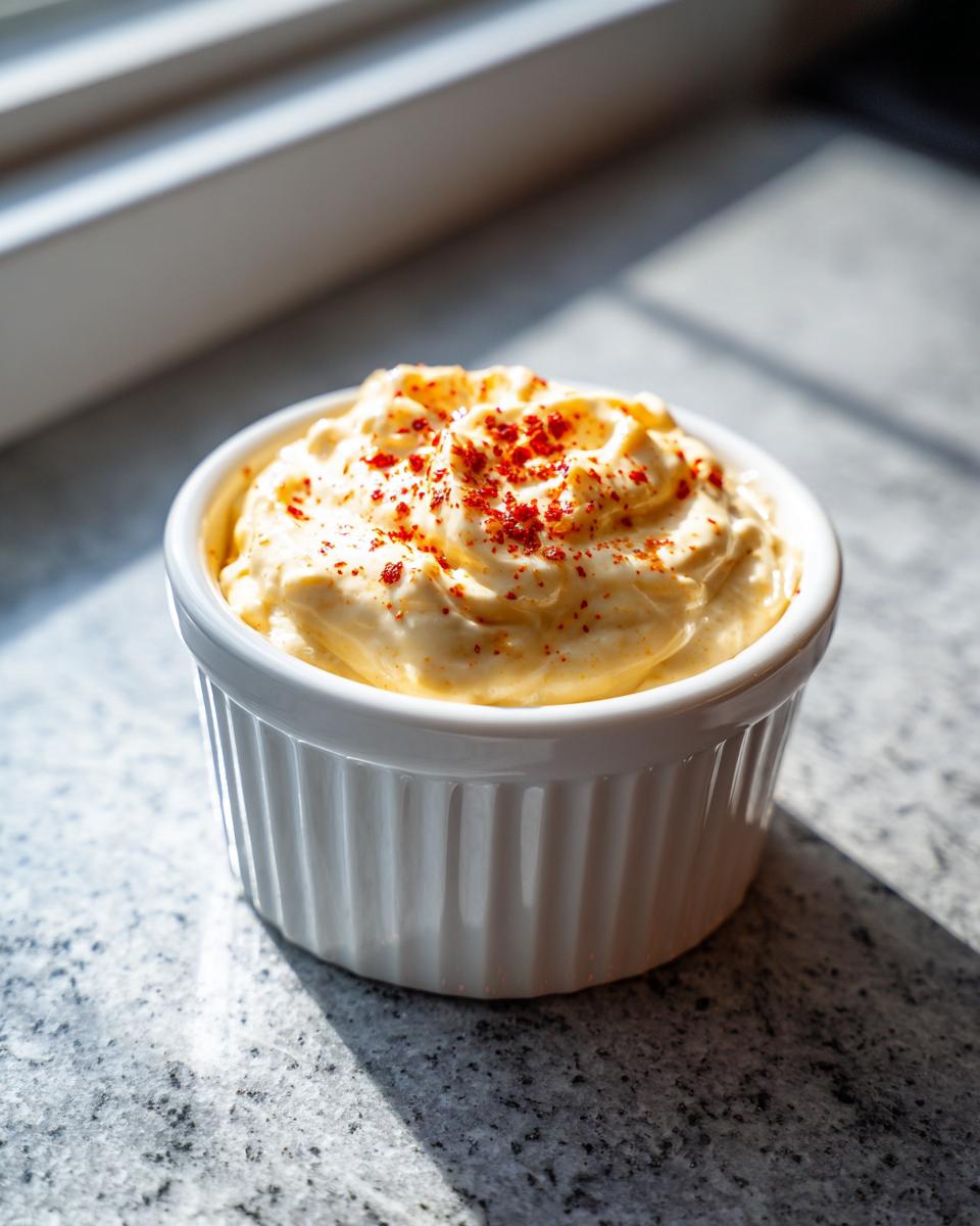A creamy, yellow homemade burger sauce topped with red paprika flakes in a white ribbed ramekin.