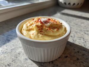A creamy, yellow homemade burger sauce topped with paprika flakes and coarse salt in a small white ramekin.
