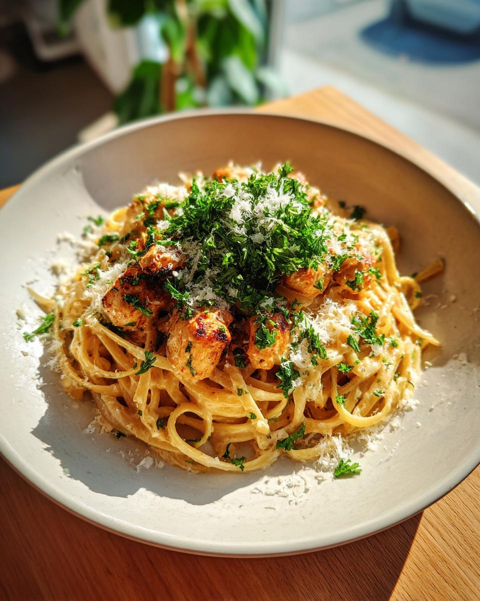 A close-up of creamy Cajun chicken pasta topped generously with fresh parsley and grated Parmesan cheese.