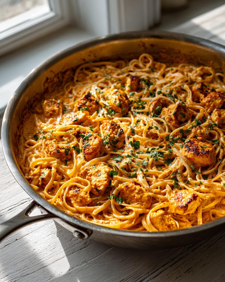 Close-up of creamy Cajun chicken pasta with seared chicken pieces and fresh parsley in a stainless steel skillet.