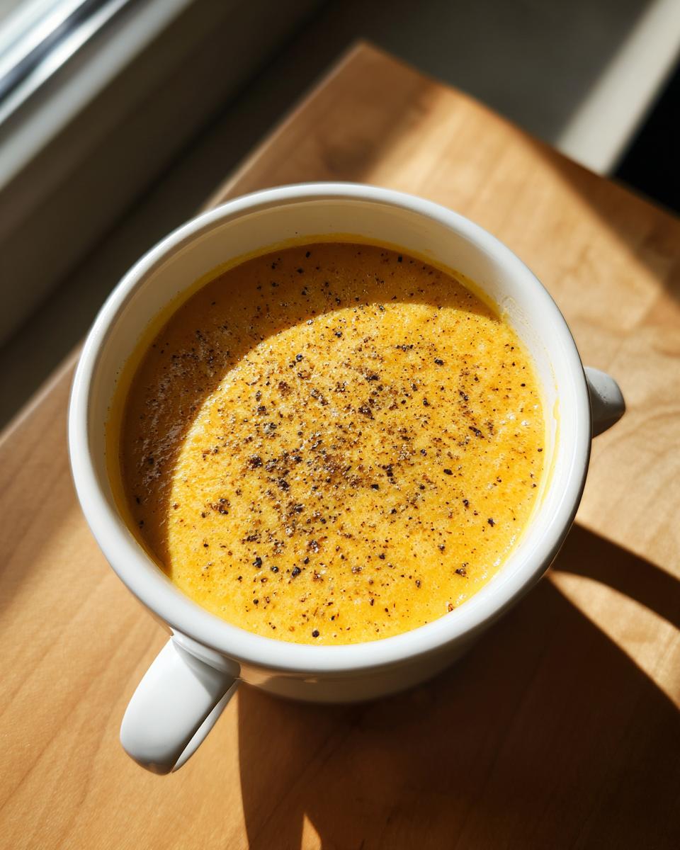 Overhead close-up of a creamy, orange-hued cheese soup in a white mug, heavily seasoned with cracked black pepper.