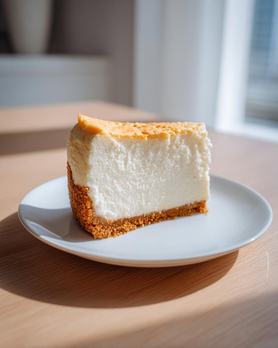 A thick, creamy slice of baked cheesecake with a golden top and graham cracker crust on a white plate.