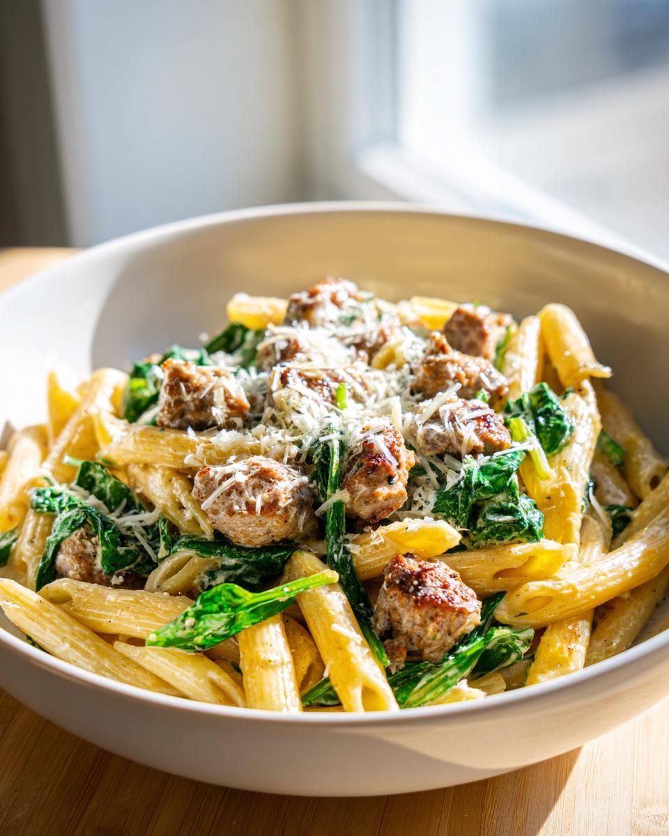 A white bowl filled with creamy chicken sausage pasta, penne noodles, wilted spinach, and topped with grated Parmesan cheese.