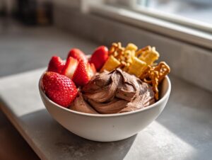 A white bowl filled with creamy chocolate dip, fresh strawberries, and crunchy pretzels, ready for dipping.