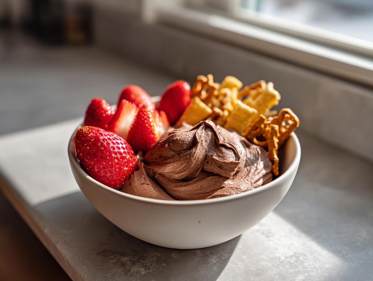 A white bowl filled with creamy chocolate dip, fresh strawberries, and crunchy pretzels, ready for dipping.