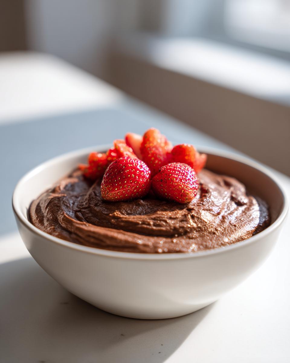 A bowl of creamy chocolate dip topped with fresh, whole strawberries, ready to serve.
