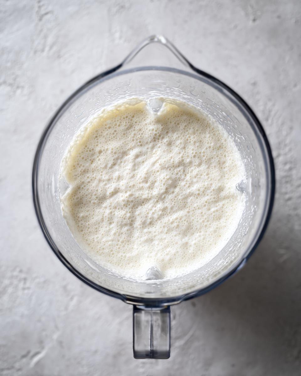 Overhead view of creamy, frothy coquito mixture blending inside a clear blender pitcher.