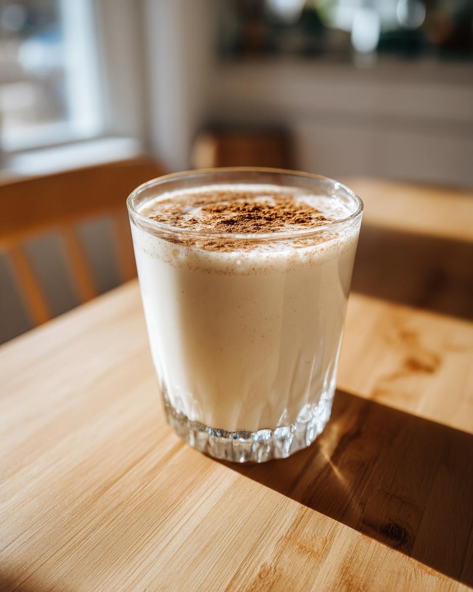 A glass of creamy coquito topped generously with ground cinnamon sitting on a sunlit wooden table.