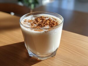 A glass of creamy coquito topped generously with ground cinnamon, sitting on a wooden table.