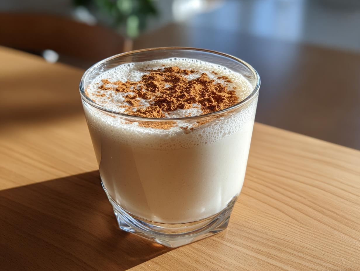A glass of creamy coquito topped generously with ground cinnamon, sitting on a wooden table.