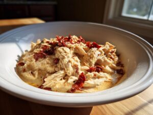 Shredded chicken in a creamy sauce topped with sun-dried tomatoes, representing crockpot marry me chicken.